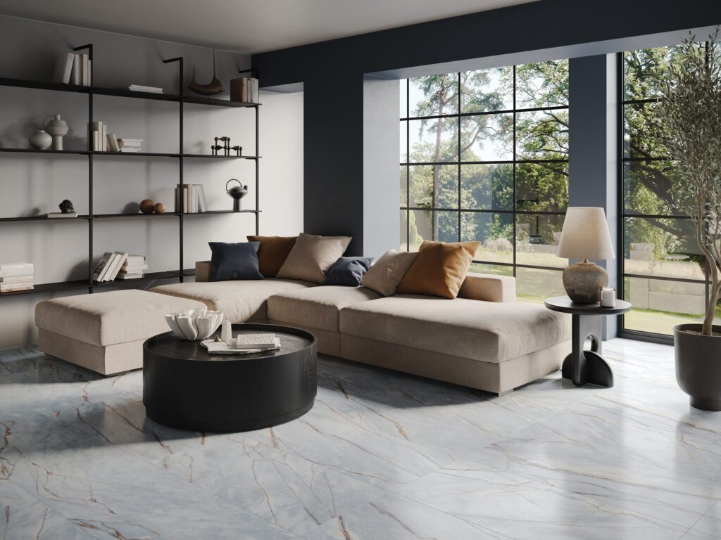 Living room with a large-format marble-look porcelain tile floor, Bedrosians Magnifica Era Luxury in Deep River