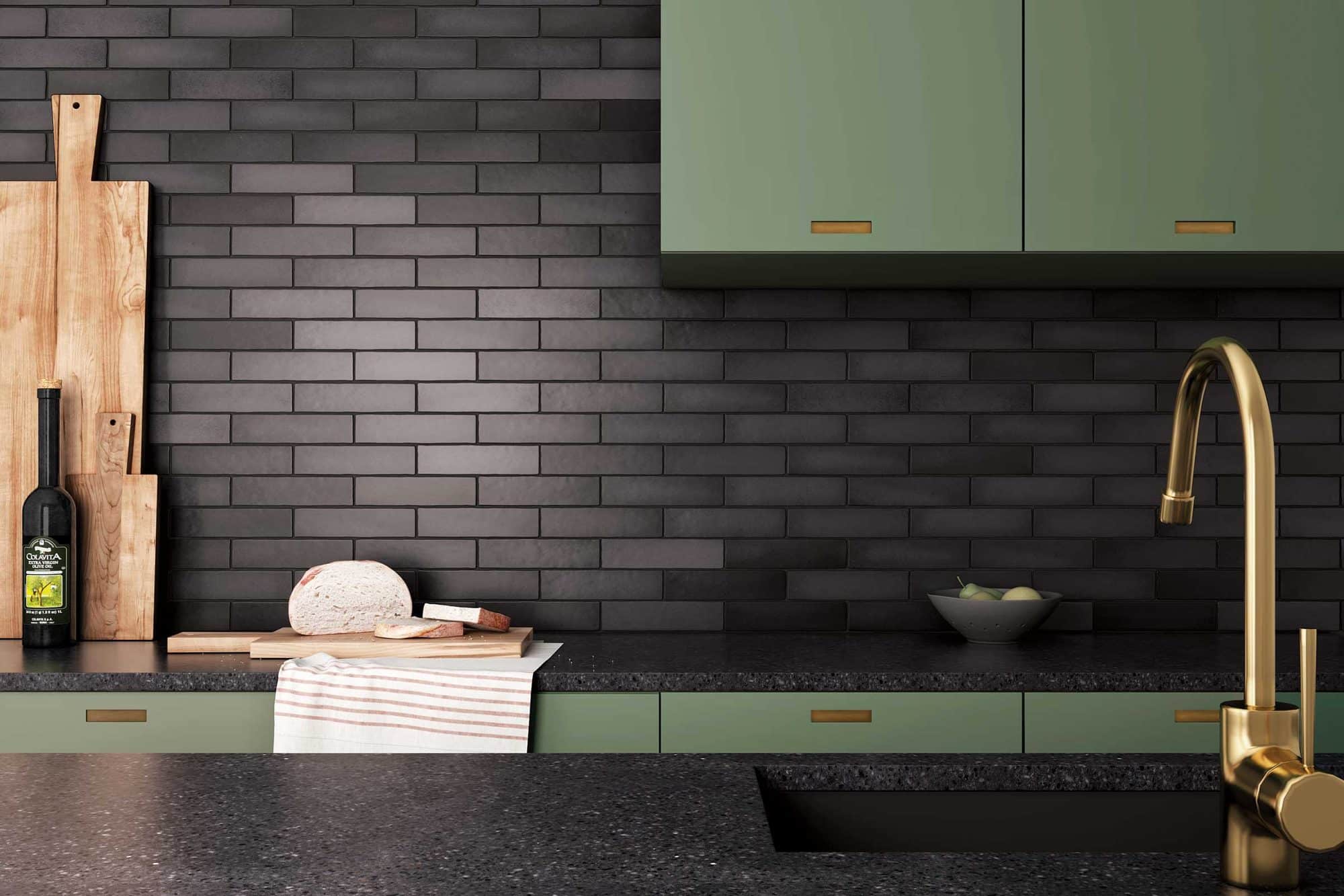 Bedrosians Makoto ceramic tile kitchen backsplash - Kirkpatrick Floors Kitchen backsplash in black Bedrosians Makoto ceramic wall tile