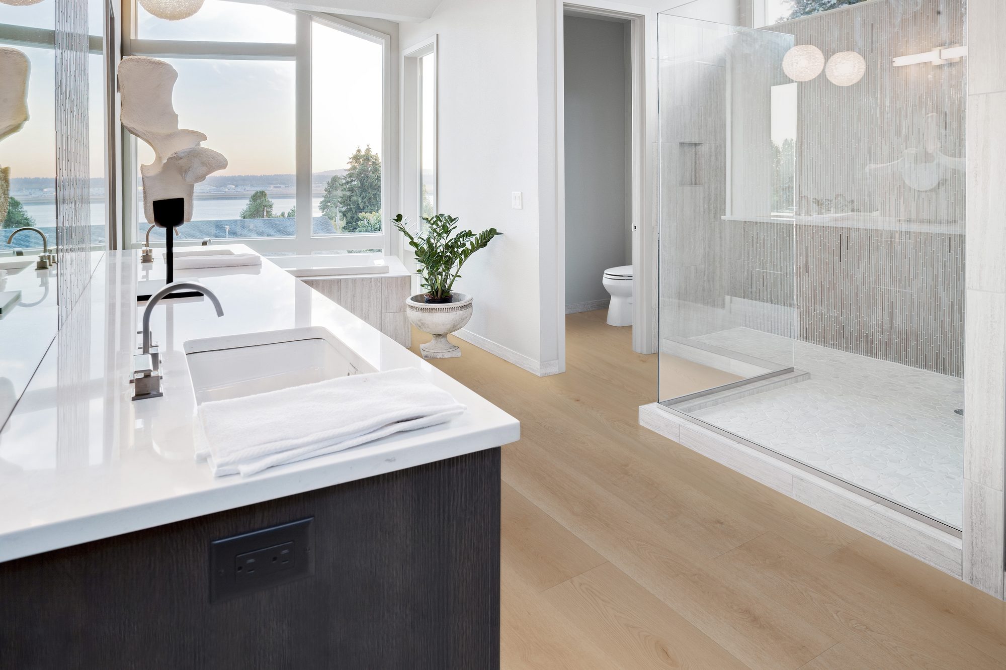 CALI High Tide luxury vinyl plank bathroom - Kirkpatrick Floors Bathroom with a glass shower and CALI High Tide luxury vinyl plank flooring in Belmont Bluffs