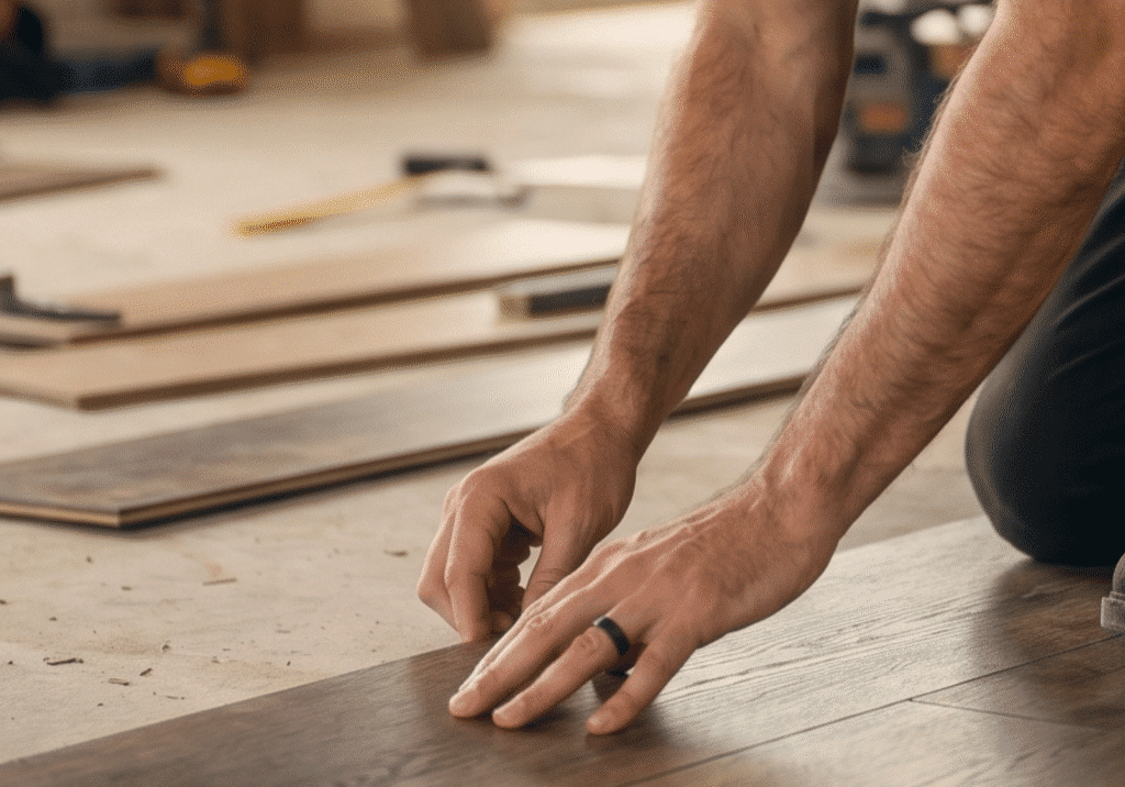 A person wearing a black ring installs wooden floorboards by hand, with tools and additional planks visible in the blurred background.