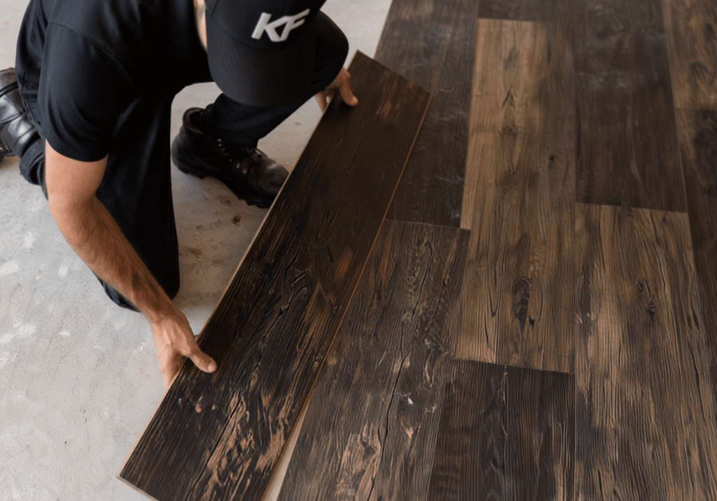 A person in a black shirt and cap installs dark wood-look laminate flooring on a concrete surface, aligning the planks by hand.